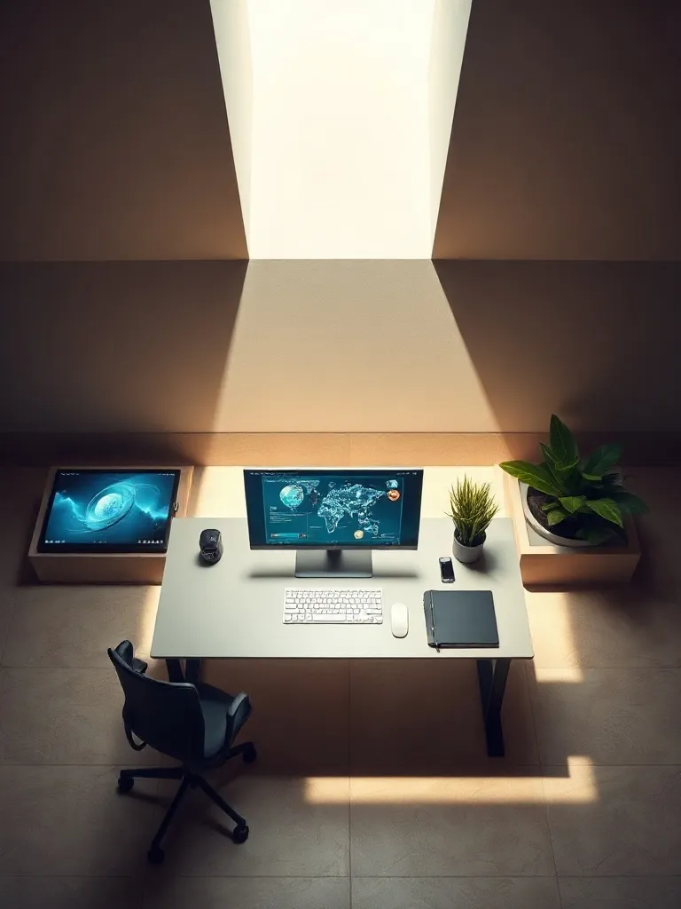 A high-tech workspace with clean lines, architectural shadow