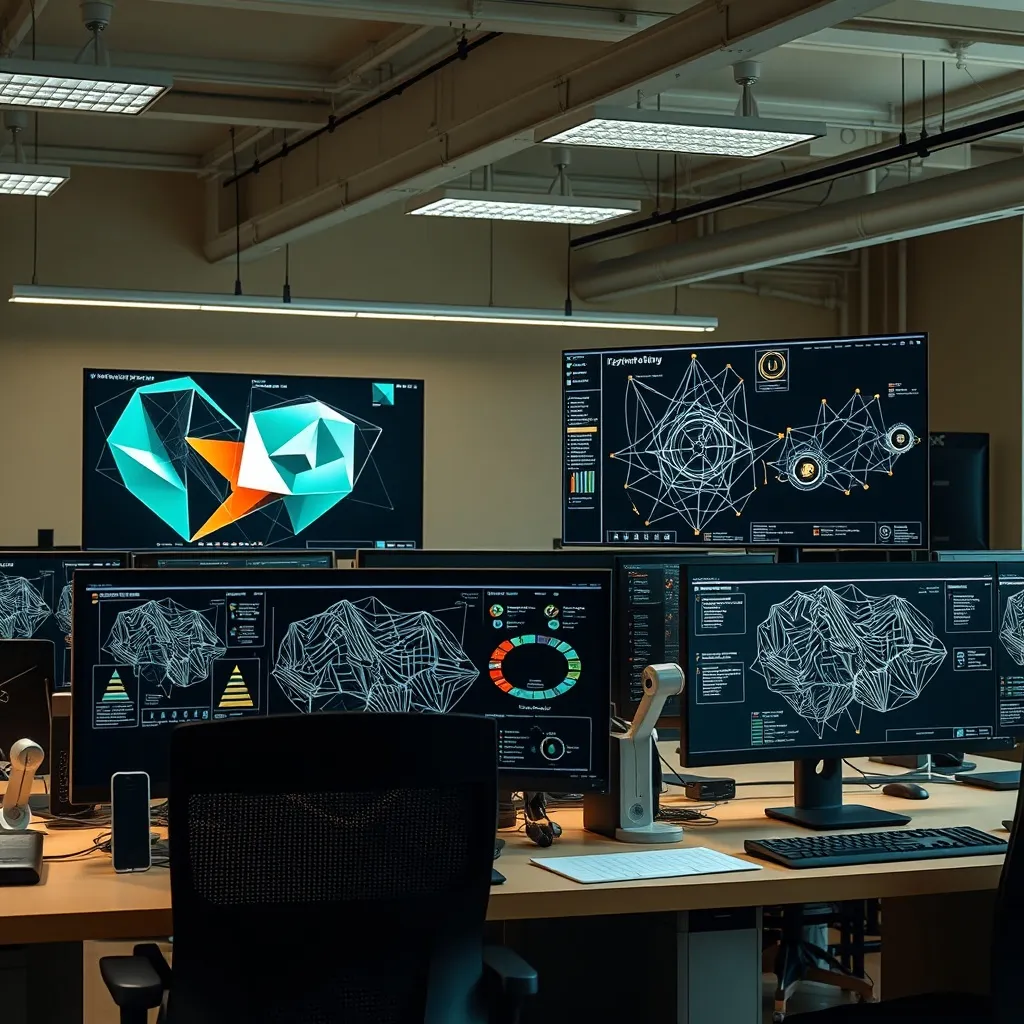 A high-tech workspace with professional monitors showing abs